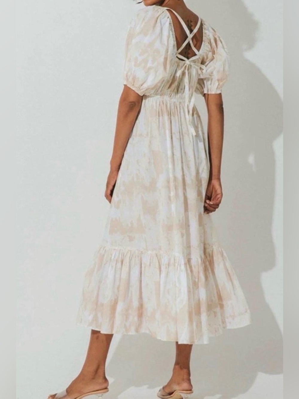 Cleobella Catalina Midi Dress Cream and Tan Puff Sleeves Sz Medium - Picture 2 of 12